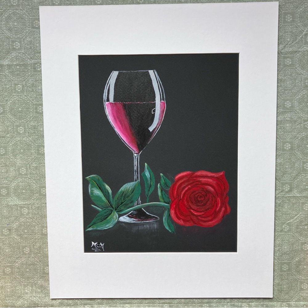 Red Rose Wine Glass Acrylic Art Painting Framed in White Matting